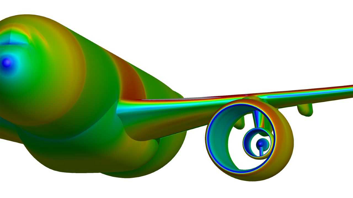 Druckverteilung einer Flugzeugkonfiguration mit UHBR-Gondel (Simulation)